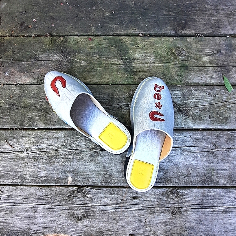 U Be*U Silver Leather Mules Slides, Art to Wear, Colourful Details